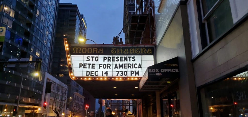 Marquee of the Moore Theatre that reads "STG Presents: Pete For America Dec 14 7:30 PM"